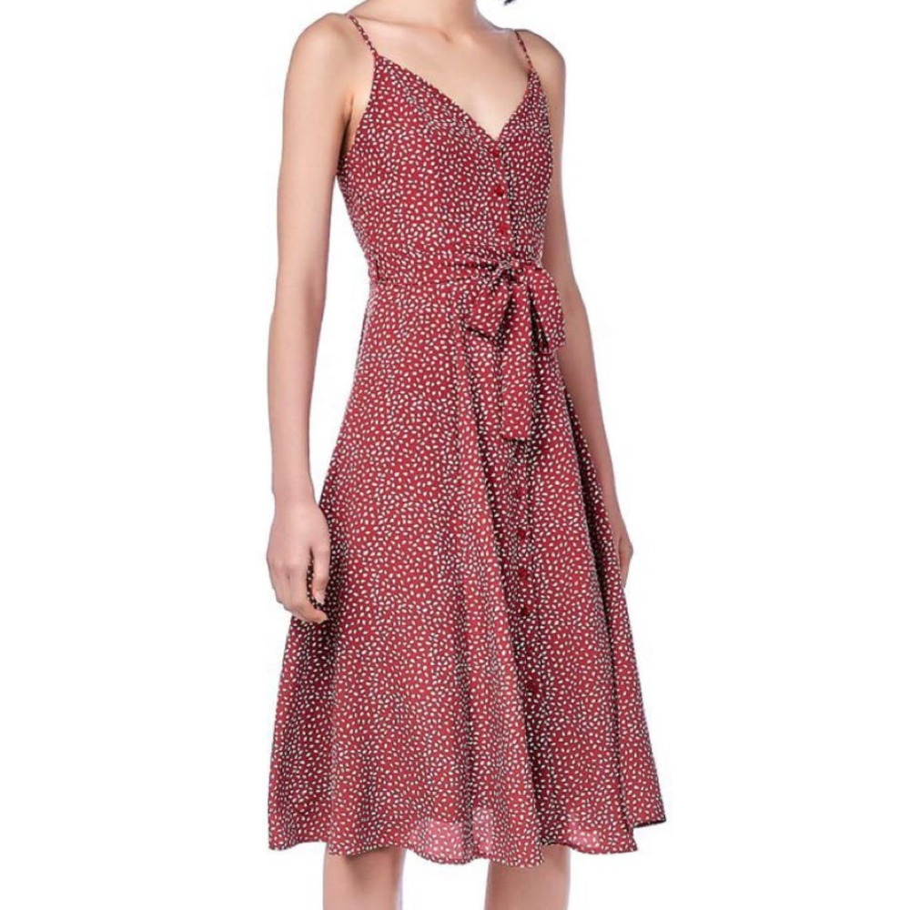 The Editor's Market Button Front Belted Midi Dress sz Small Red Boho Cottagecore